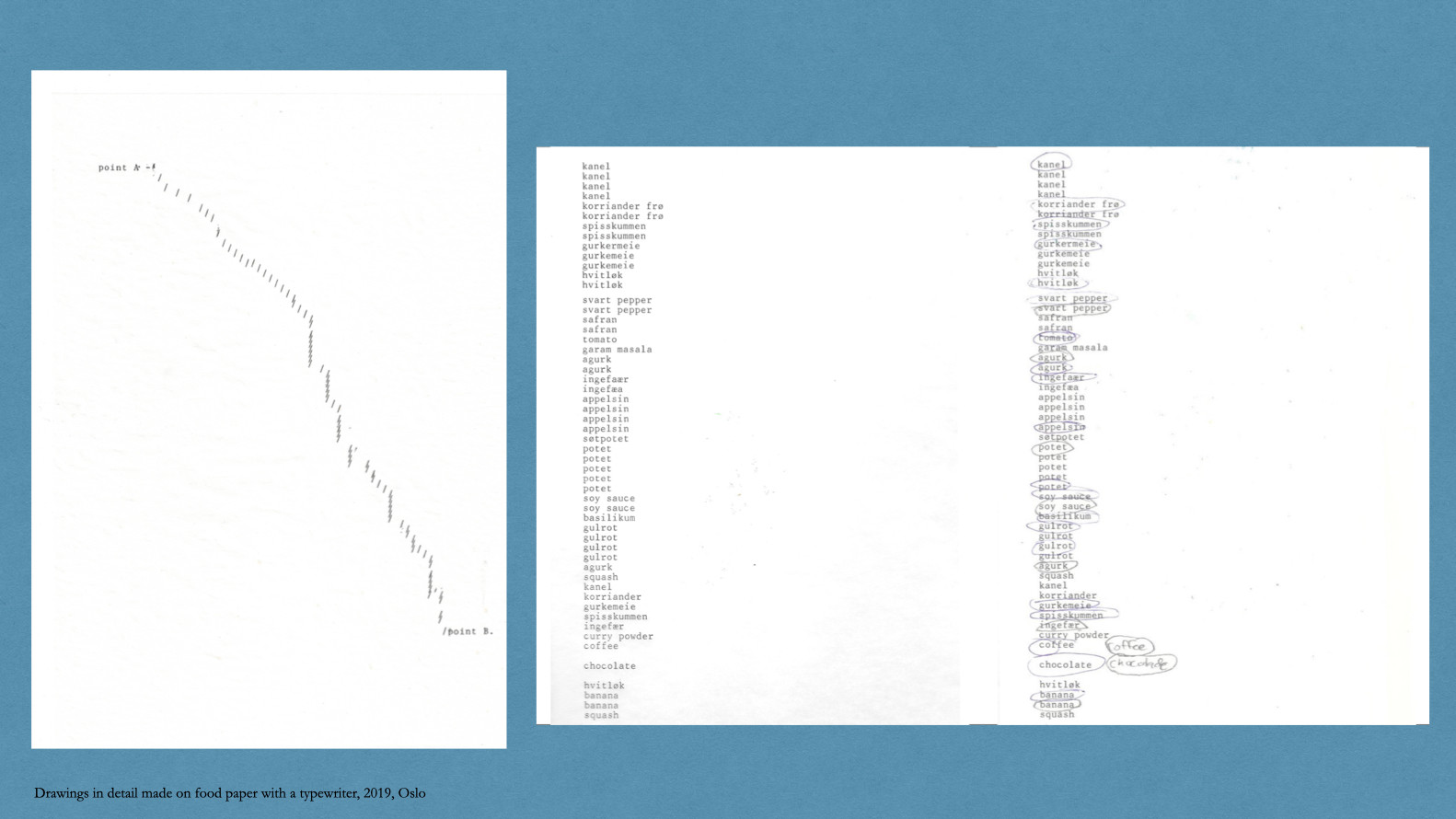 Semiotics of Food, details of typewriter drawings on food paper, 2019, Oslo