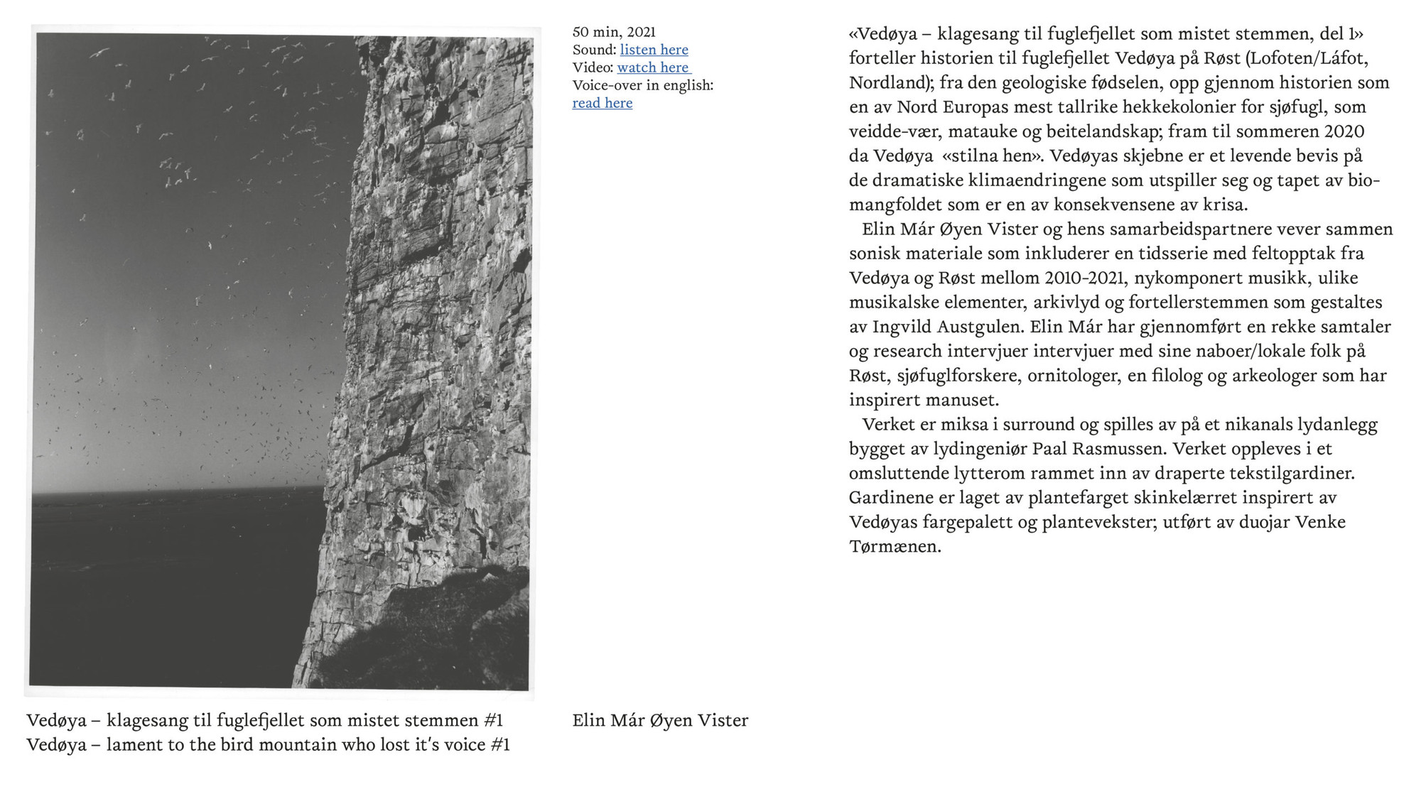 "Vedøya - klagesang til fuglefjellet som mistet stemmen" av Elin Már.