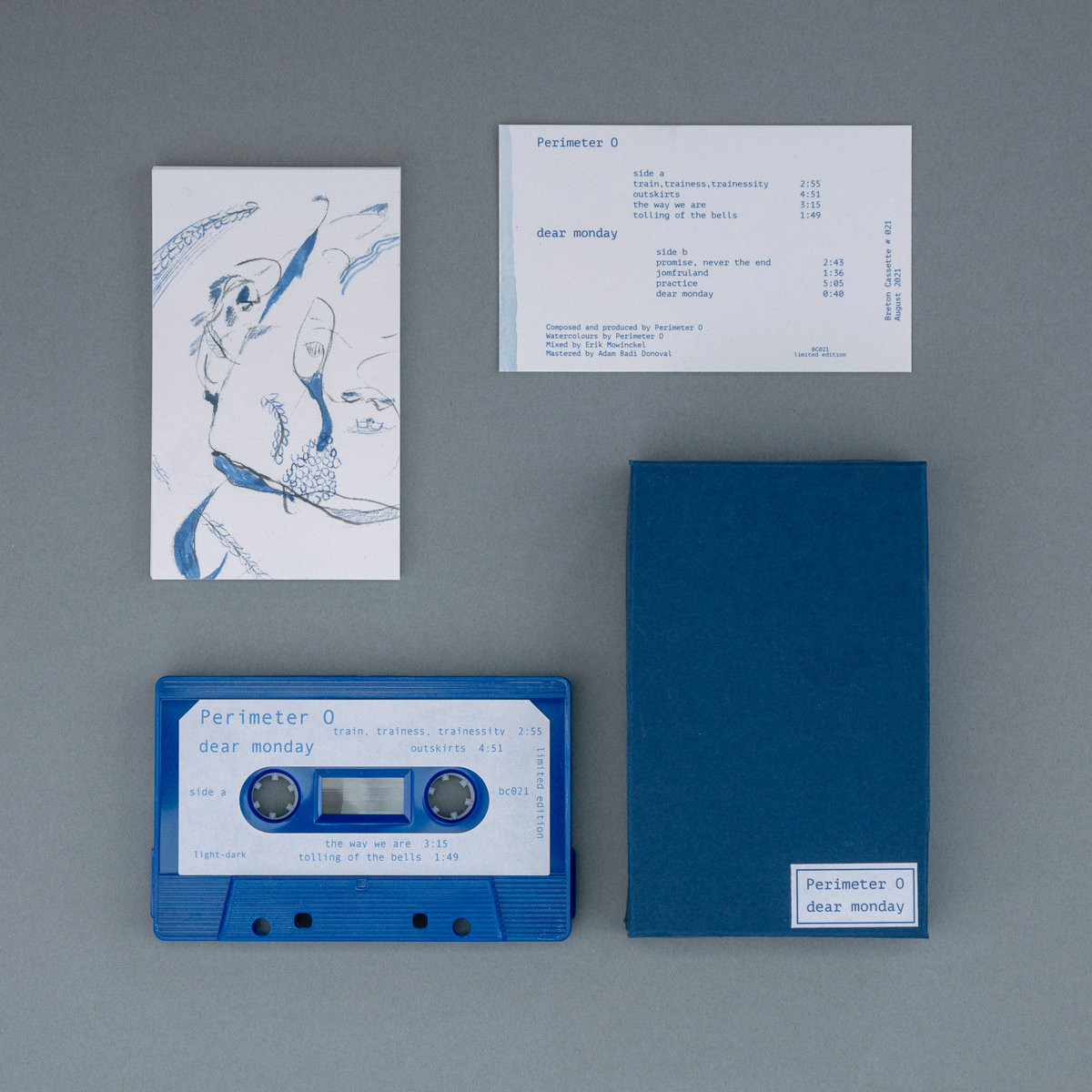 Limited edition cassette, in a handmade box. The box contains cassette, 10 small prints of water colors made by the artist, and information prints for the cassette.