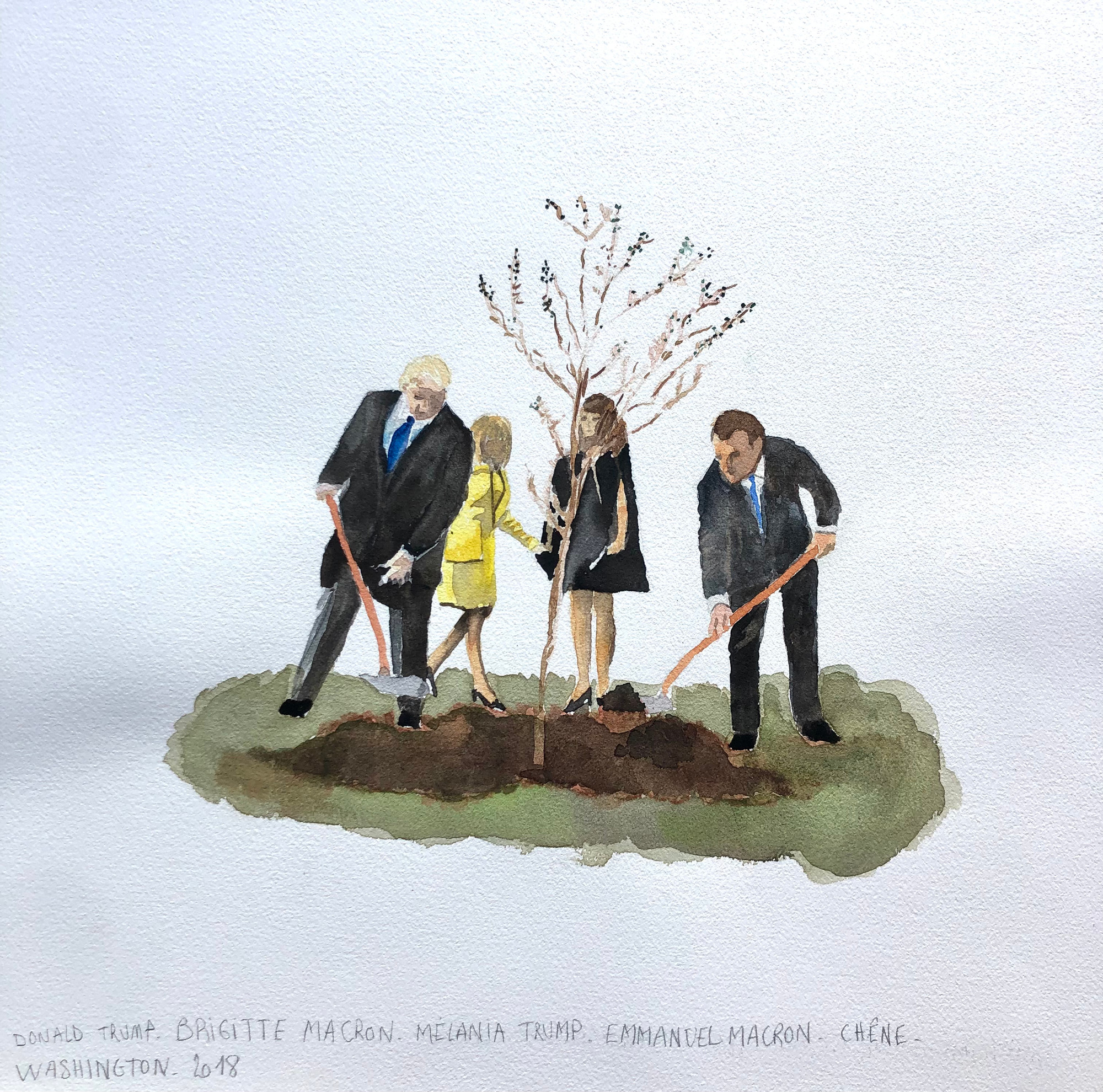 Donald Trump, Brigitte Macron, Mélania Trump, Emmanuel Macron, Chêne, Washington, 2018
Elements de langage : les actes, Nouveau Ministère de l'Agriculture (Suzanne Husky et Stéphanie Sagot) depuis 2022
watercolors on paper, 42 x 42 cm