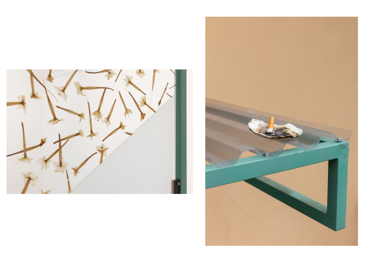 sjuende som selvisk form (detail),
Norsk Billedhoggerforening,
2023. Woodland tobacco (Nicotiana Sylvestris) collected from Lakkegata, Oslo, through nightly walks June-September 2022, lacquered steel, engraved glass, wax, pigment, window foil, sand, copper, PVC hose, EVA foam, LED growth-light, indigo (Indigofera Tinctoria), hand colored wool (indigo), hand colored wool (pigment, ink, bleach, pencil), all weather jacket, glue, embroidered name tag, found ceramic plates. Photo: Tor S. Ulstein