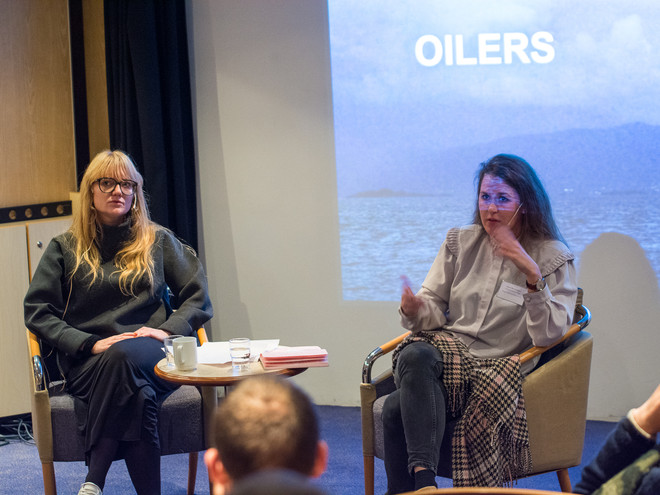 Curator Rhea Dall and director Anne Marthe Dyvi in conversation about the film Oilers by Dyvi and Massimiliano Mollona. Photo: Laimonas Puisys.