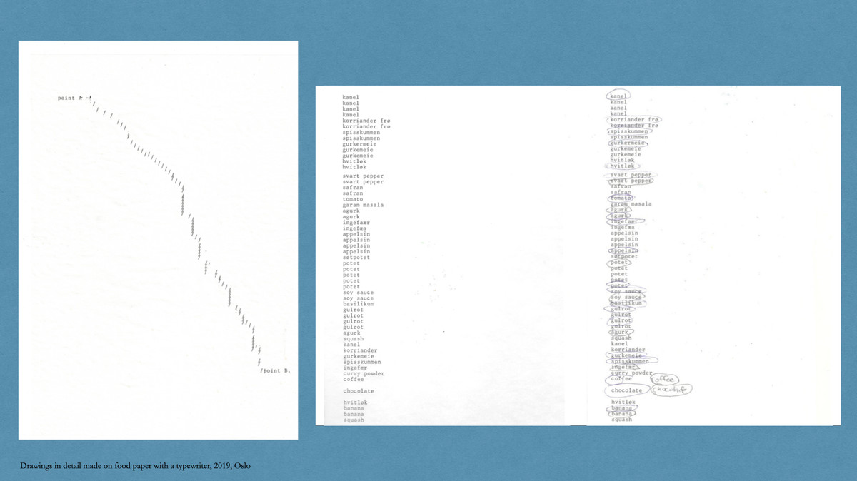 Semiotics of Food, details of typewriter drawings on food paper, 2019, Oslo