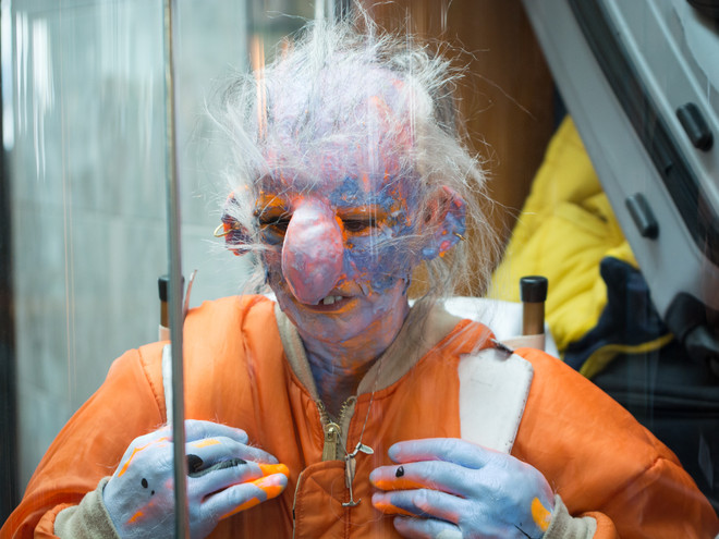 Troll stuck in the elevator. 
Performance by Tori Wrånes during the first edition, 2017. 
Photo: Laimonas Puisys.