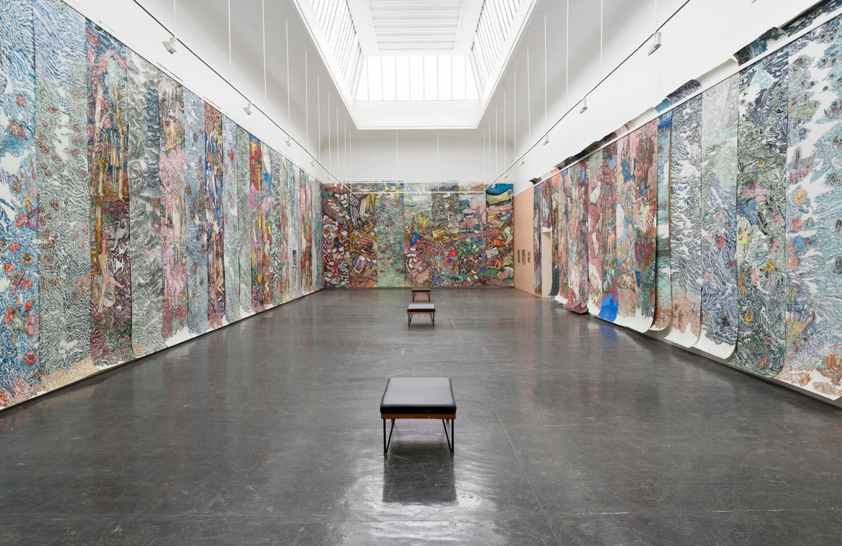 You Are Something Else (2017) by Vanessa Baird.
Soft pastels on printing paper, each 400 x 124 cm (157,48 x 48,81 inches) Installation view from Kunstnernes Hus. Photo courtesy of: Kristina Leithe / Kunstnernes Hus