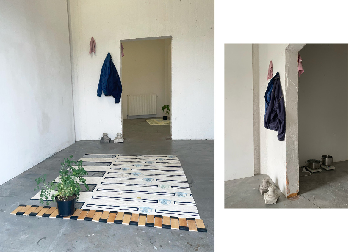 Works from studio show @ WIELS
2025 Stand-in variasjoner (diskursiv form). (Cotton, glue, tape, vinyl, steel buttons, embroidered name tag, cast emblem (beeswax, cheese wax, dammar resin, pigment, pulverized marmorino), all-weather jacket, found wood, found plastic, common rue/herb-of-grace (Ruta graveolens) grown in studio). 