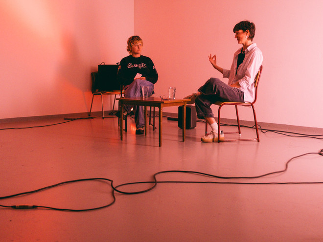 Anette Gellein in conversation at Velferden with curator Anna Lena Panter from Transmediale in Berlin. Photo by Ljerka Kukurin for Coast Contemporary.