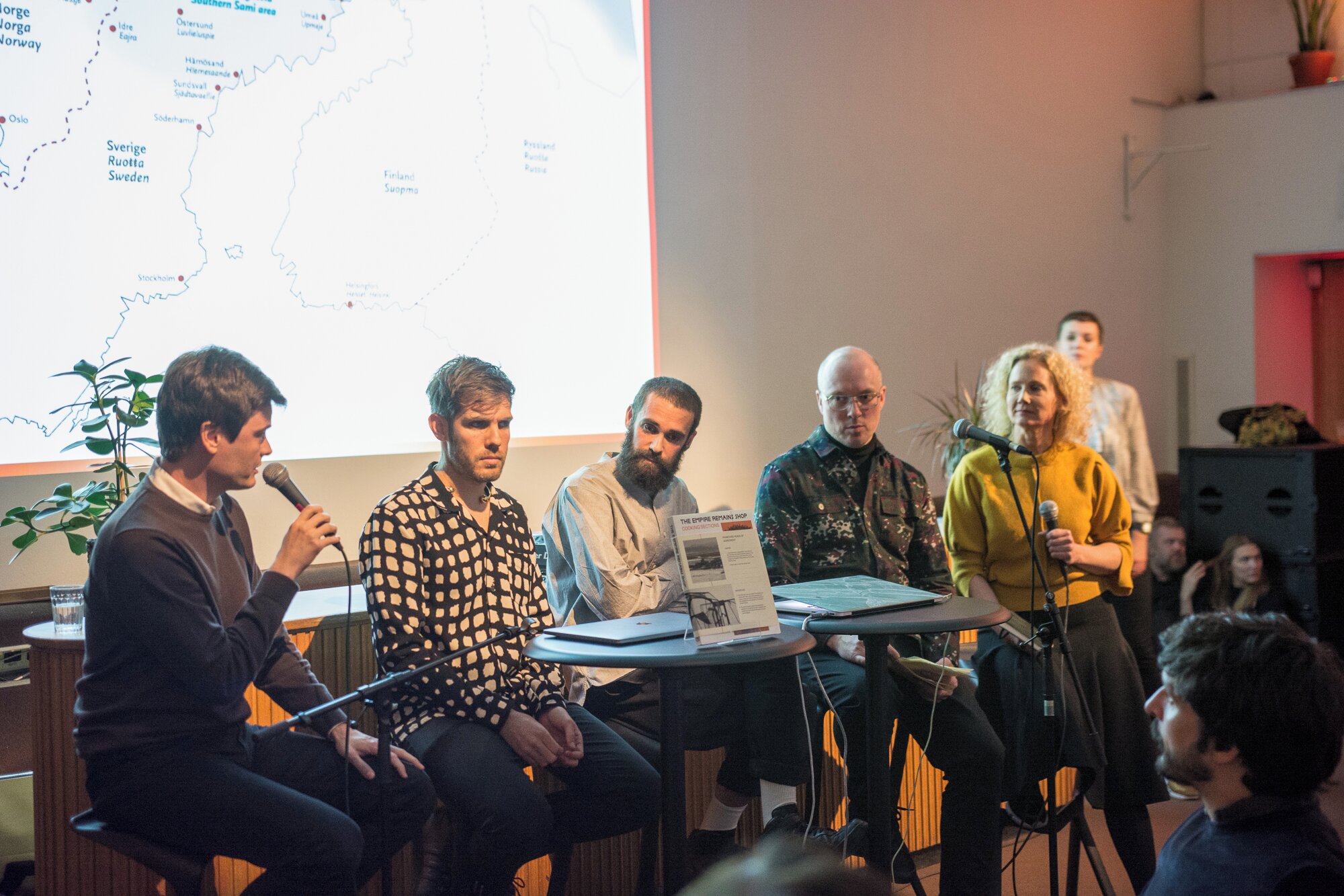 Final panel debate at Bergen Kunsthall moderated by curator Charles Aubin, including Cooking Sections (Daniel Pascual and Alon Schwabe) Kristoffer Dolmen director of the Sami Center for Contemporary Art and Tone Hansen, director of Henie Onstad Art Center. 