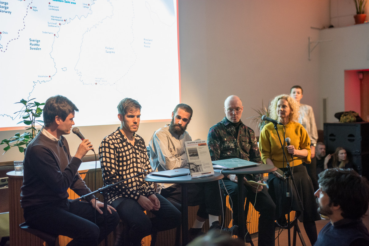 Final panel debate at Bergen Kunsthall moderated by curator Charles Aubin, including Cooking Sections (Daniel Pascual and Alon Schwabe) Kristoffer Dolmen director of the Sami Center for Contemporary Art and Tone Hansen, director of Henie Onstad Art Center.