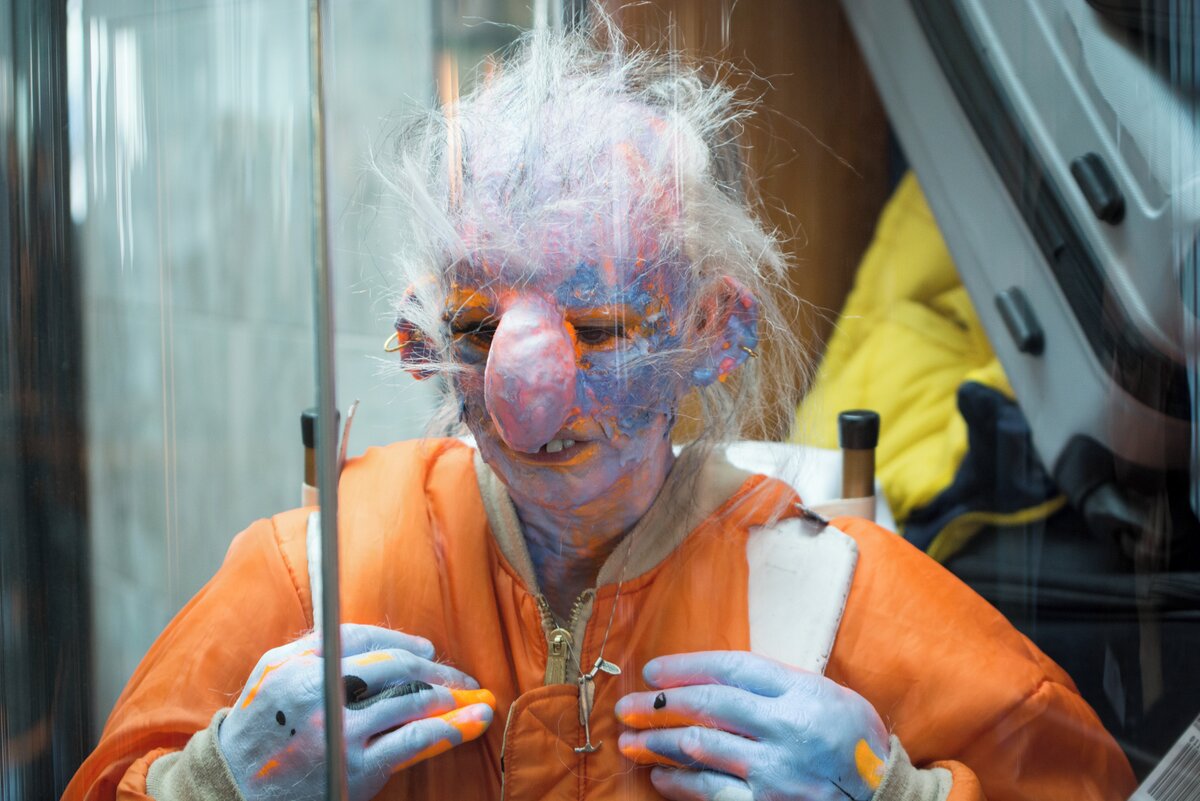 Troll stuck in the elevator. 
Performance by Tori Wrånes during the first edition, 2017. 
Photo: Laimonas Puisys.