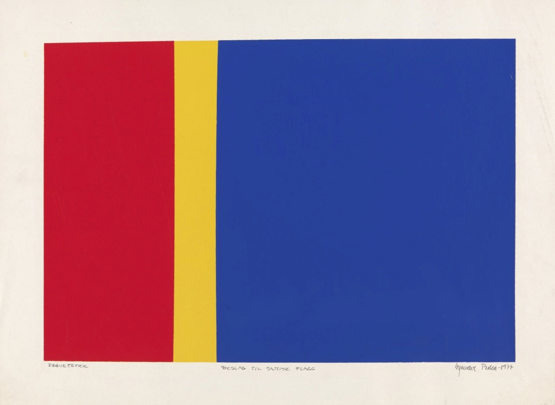 Draft for the first Sami flag, by Synnøve Persen 1977.